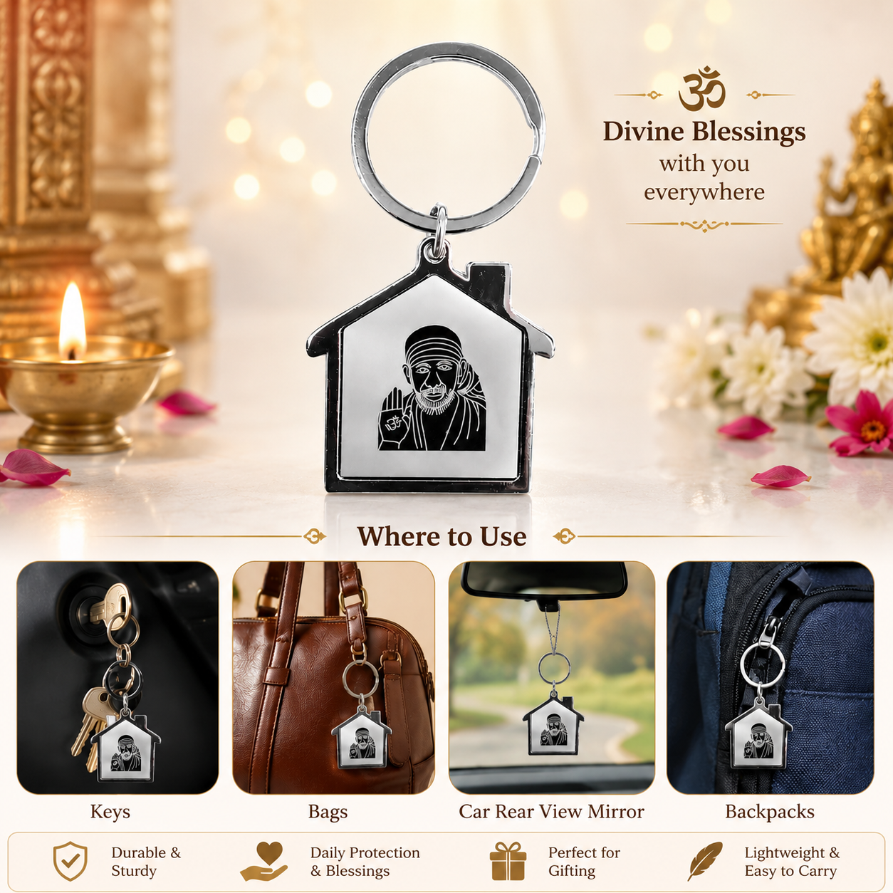 Shirdi Sai Baba Divine Keychain for Bike, Car & Everyday Keys | Spiritual Silver-Tone Key Ring