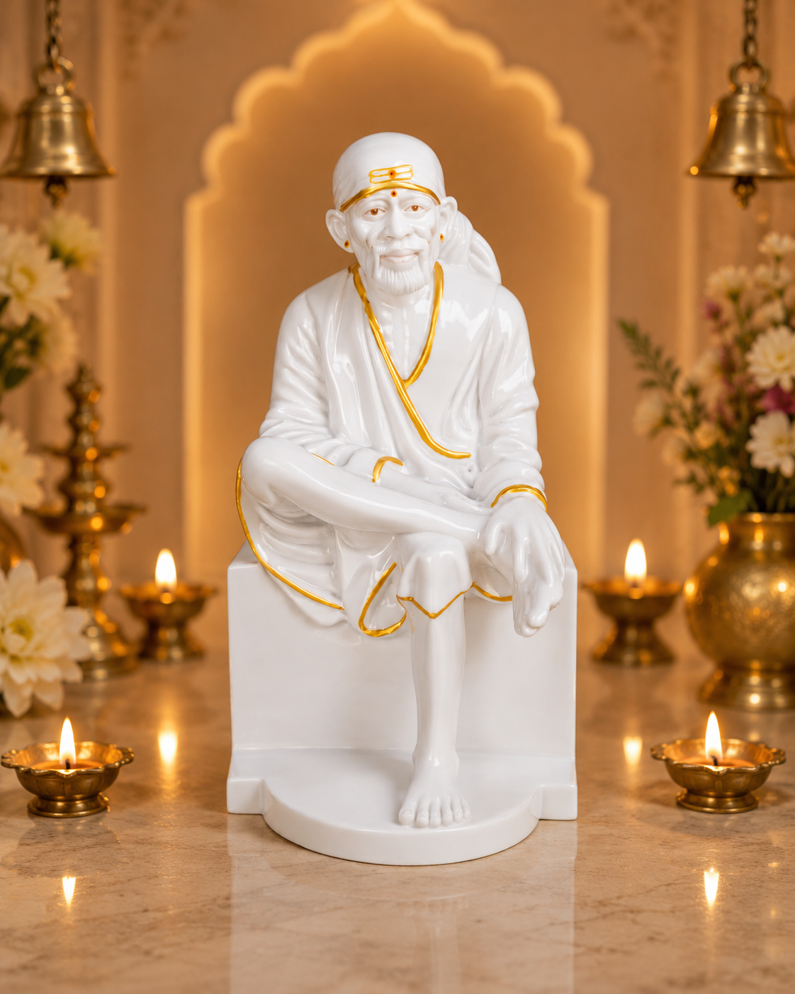 13 Inch Sai Baba Idol – Premium White Marble Finish Murti for Home Mandir, Pooja Room, Office & Gifting