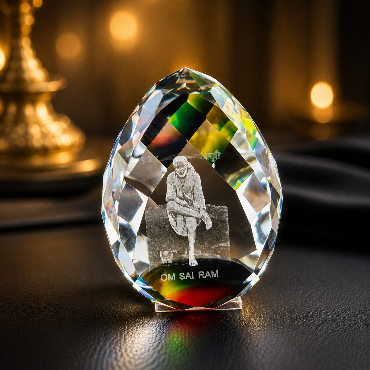 3D Crystal Sai Baba Idol Oval Glass (2.5 inch) | Premium Devotional Murti