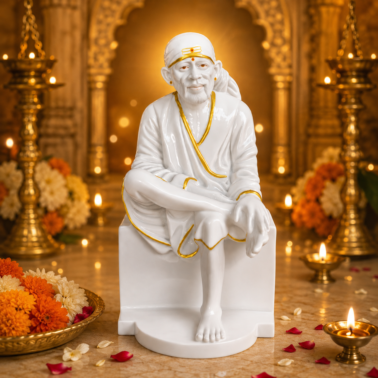 Sai Baba White Marble Finish Sitting Idol, 13 Inch – Spiritual Decorative Statue for Home Temple, Pooja Room, Office & Gift