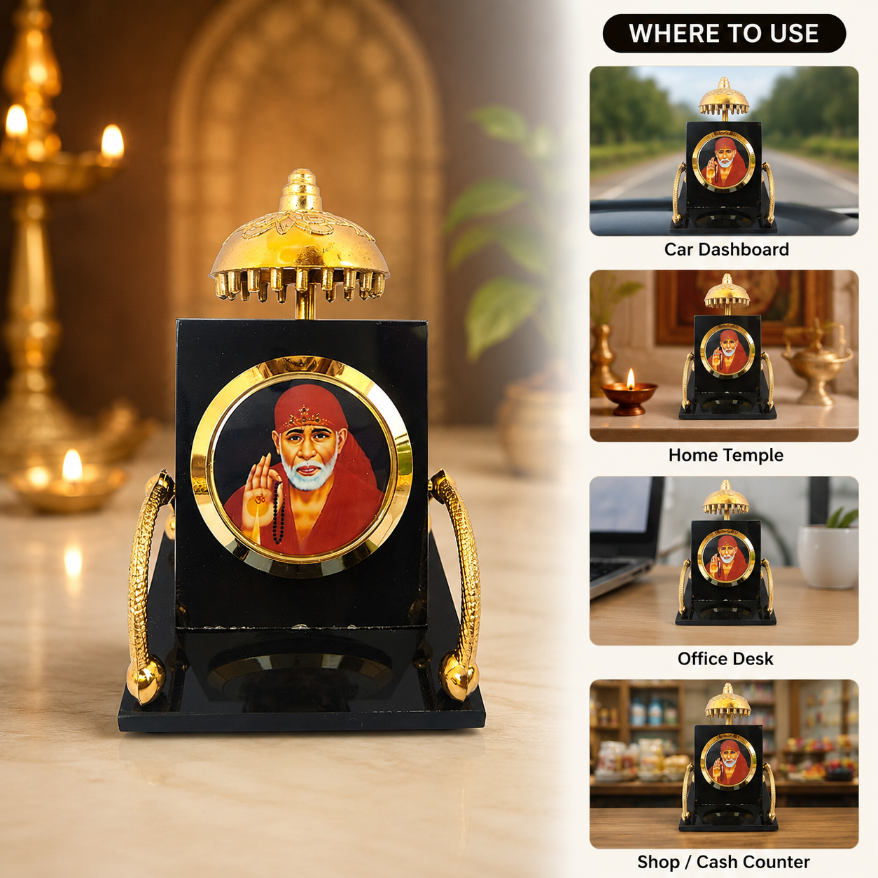 Shirdi Sai Baba Car Dashboard Stand with Golden Umbrella | Black & Gold Devotional Decor