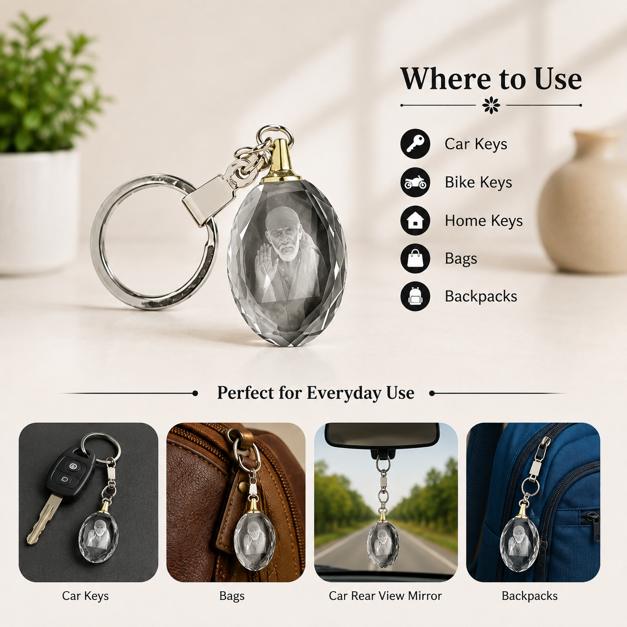 Shirdi Sai Baba Oval Crystal Keychain | Devotional Key Ring for Car, Bike, Home Keys & Bags