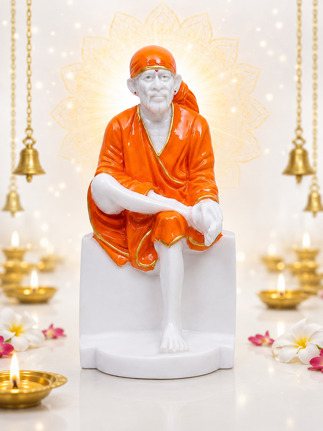 Sai Baba Idol 13 Inch Marble Finish Statue for Home Temple & Gifting – Orange Traditional Design