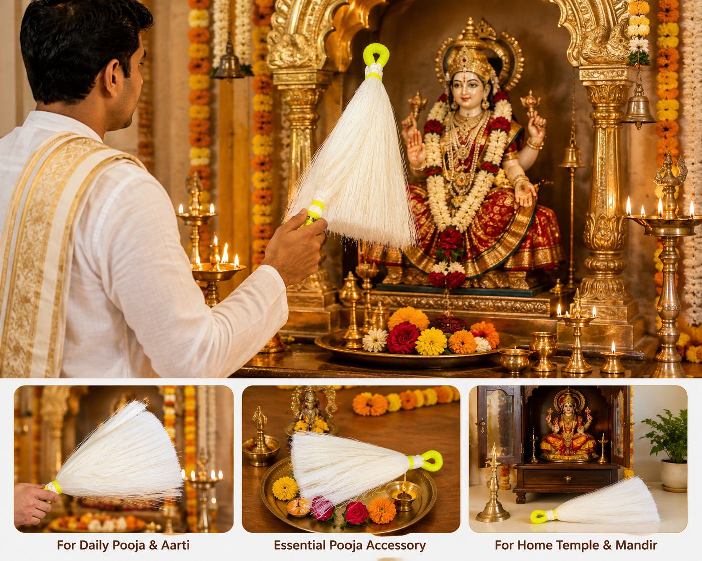 Pooja Chamar | Small | White Feather | Sacred Fan for Deity Worship | Temple & Home Mandir