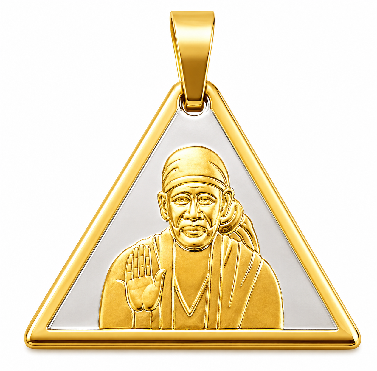 Sai Baba Ashirwad Triangular Gold Pendant | 35mm | Brass Stainless Steel | Glossy Gold | Men & Women | Everyday Wear