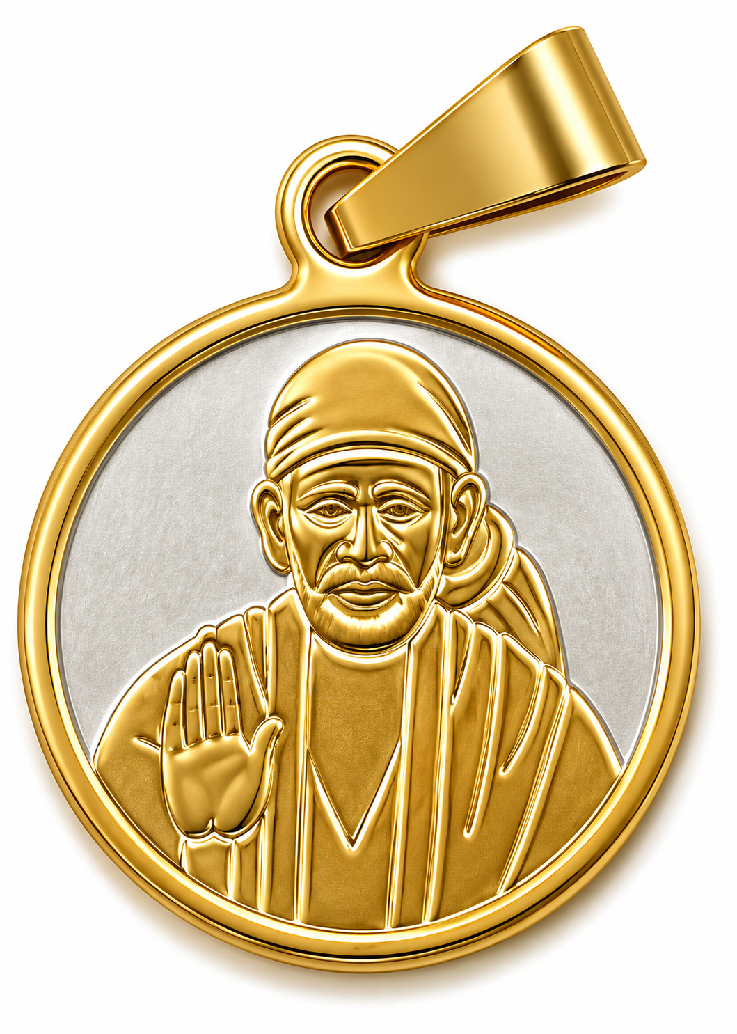 Sai Baba Ashirwad Two Tone Round Pendant | 25mm | Brass Stainless Steel | Glossy Gold | Men & Women | Everyday Wear