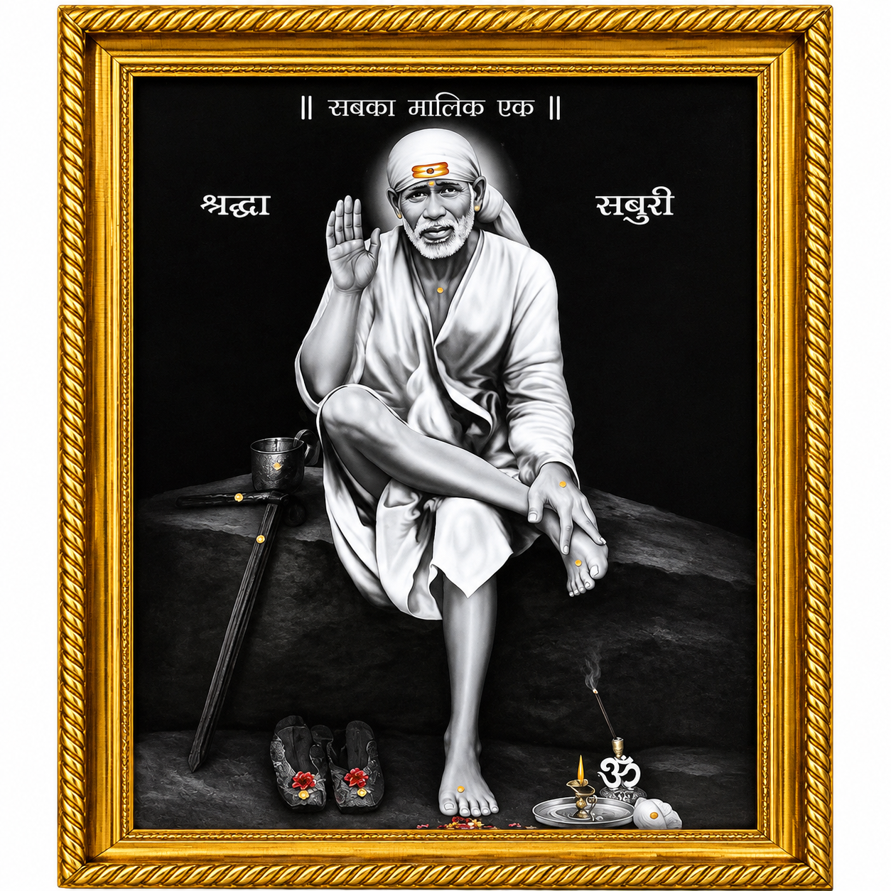 Sai Baba Framed Wall Painting | Dagad | Photo Lamination | Wood Matte Gold Frame | 6x8 Inch | Home Decor
