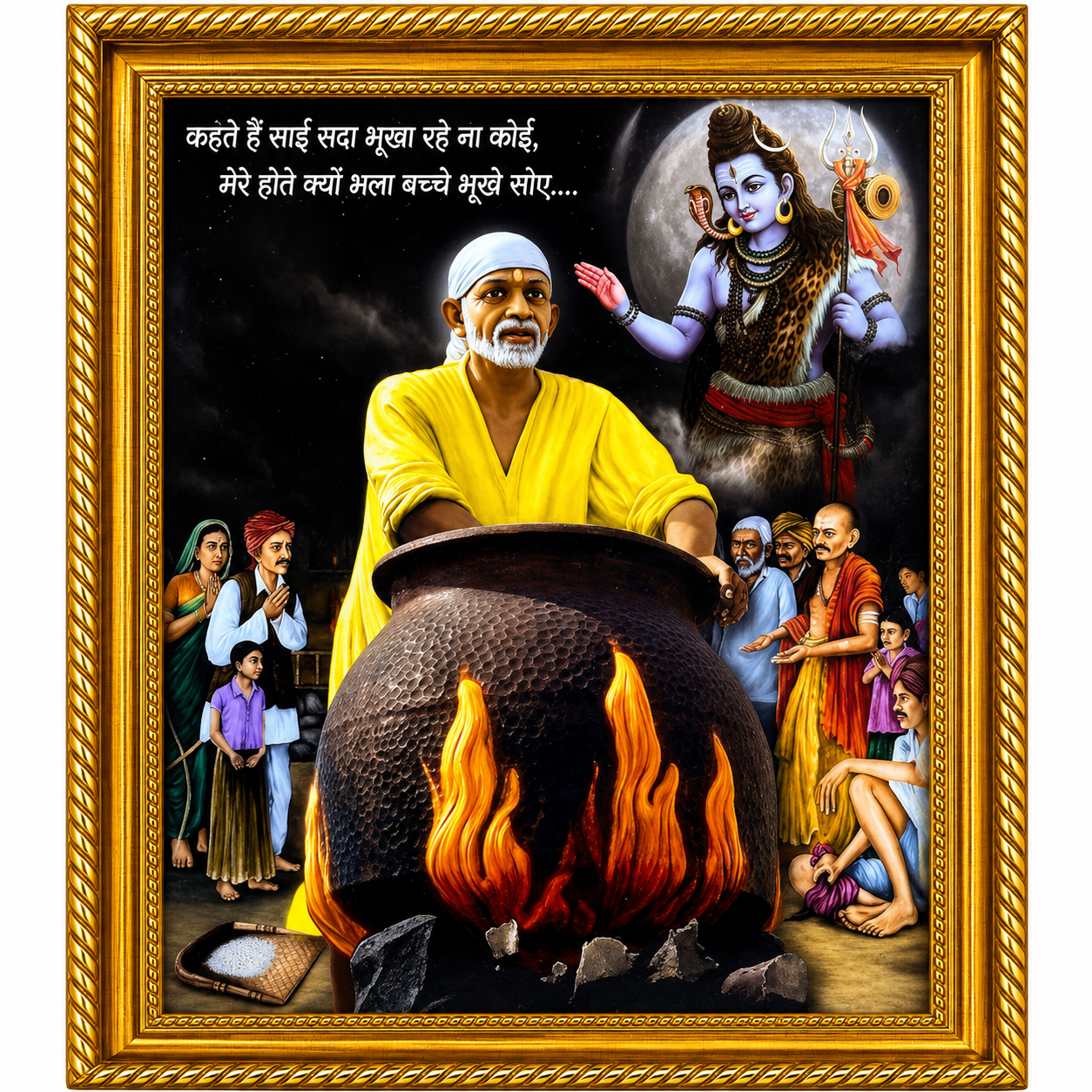 Sai Baba Framed Wall Painting | Handi Cooking | Yellow | Photo Lamination | Wood Matte Gold Frame | 6x8 Inch
