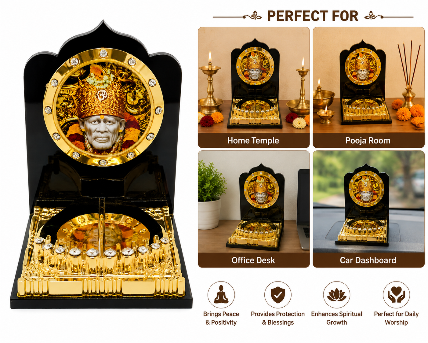 Sai Baba Gold Acrylic Car Dashboard Stand | 7x5 cm | Devotional Car Decor Gift