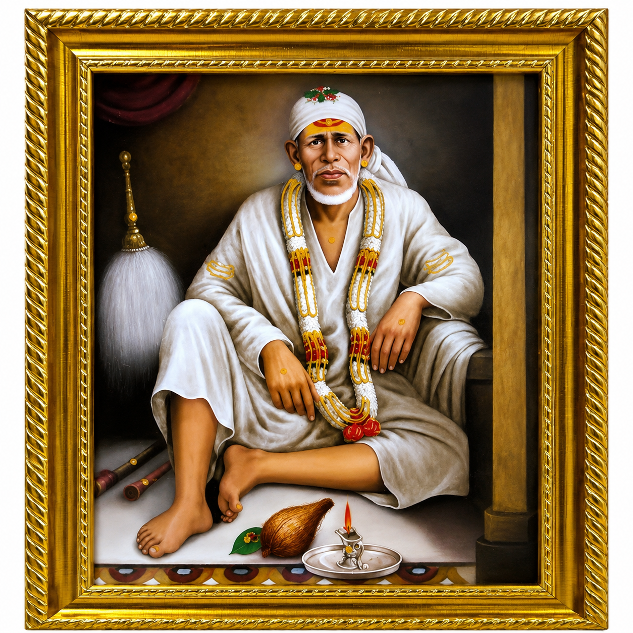 Sai Baba Shirdi Sainath Photo Frame | Dwarkamai | 10x12 Inch | Wood Lamination | Matte Gold | Antique Style | Wall Painting