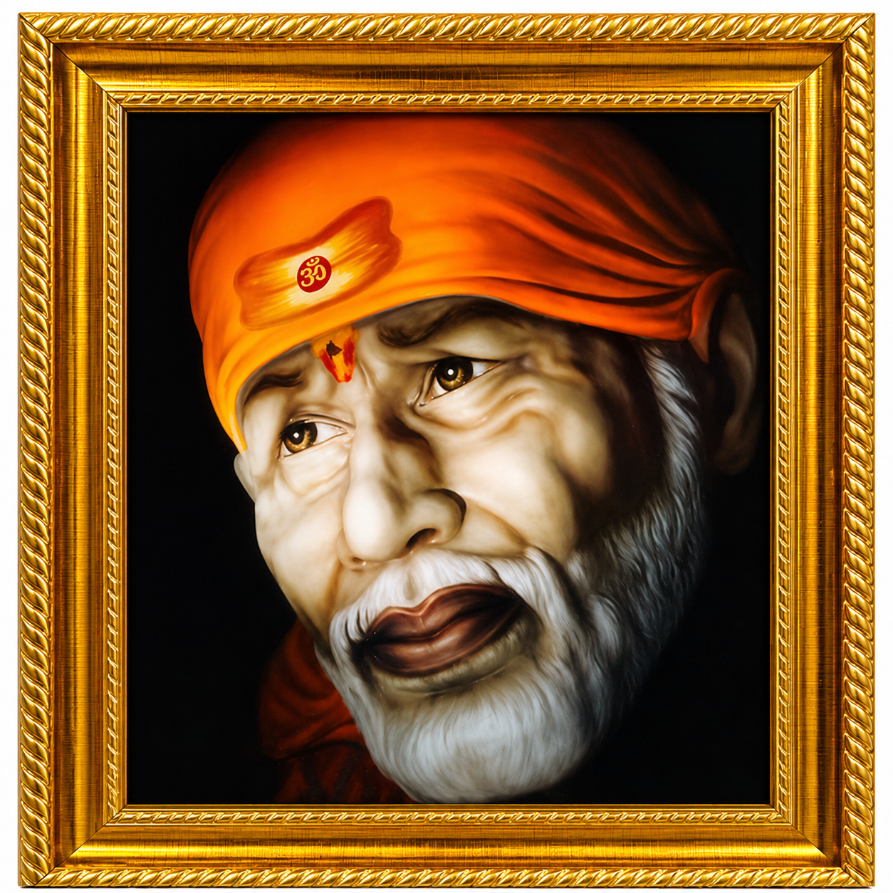 Sai Baba Shirdi Sainath Photo Frame | Face | 6x8 Inch | Wood Lamination | Matte Gold | Antique Style | Wall Painting