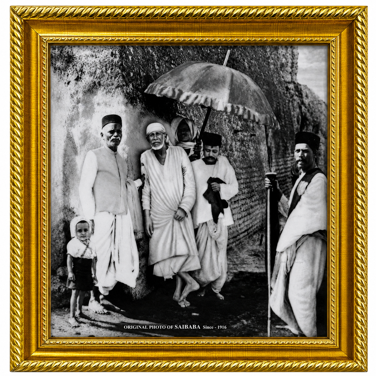 Sai Baba Shirdi Sainath Photo Frame | Palkhi | 10x12 Inch | Wood Lamination | Matte Gold | Antique Style | Wall Painting