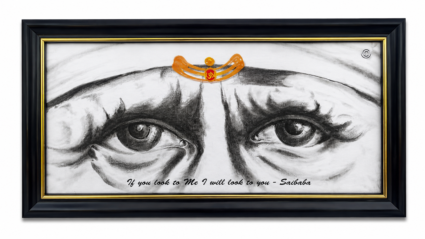 Sai Baba Wall Painting Framed | Black & White | 5x9 Inch | Wood Frame | High Glossy | Home Mandir Office Decor