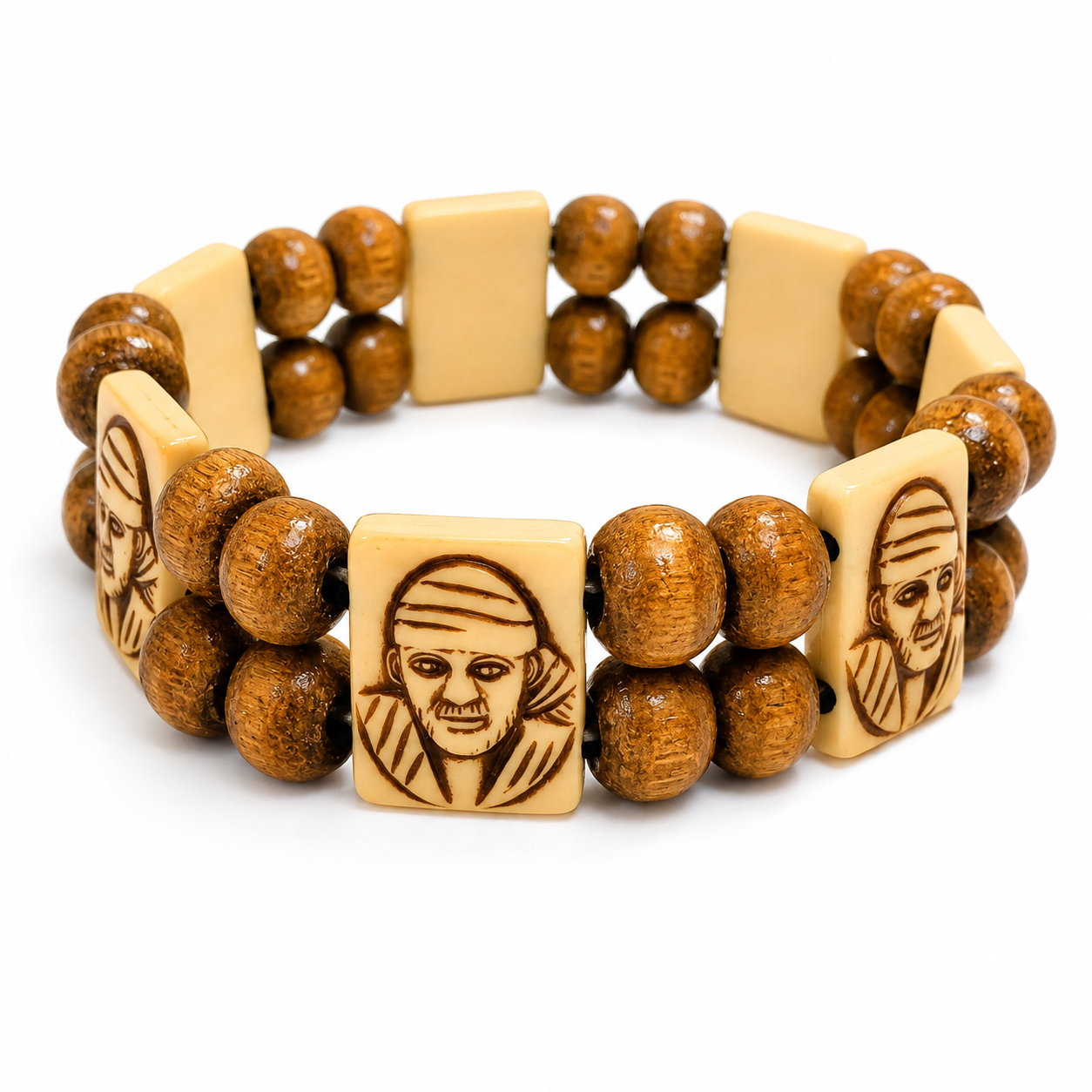 Sai Baba Wrist Bracelet | Off White & Wooden | Elastic | Daily Wear Devotional Jewellery | Divine Blessings