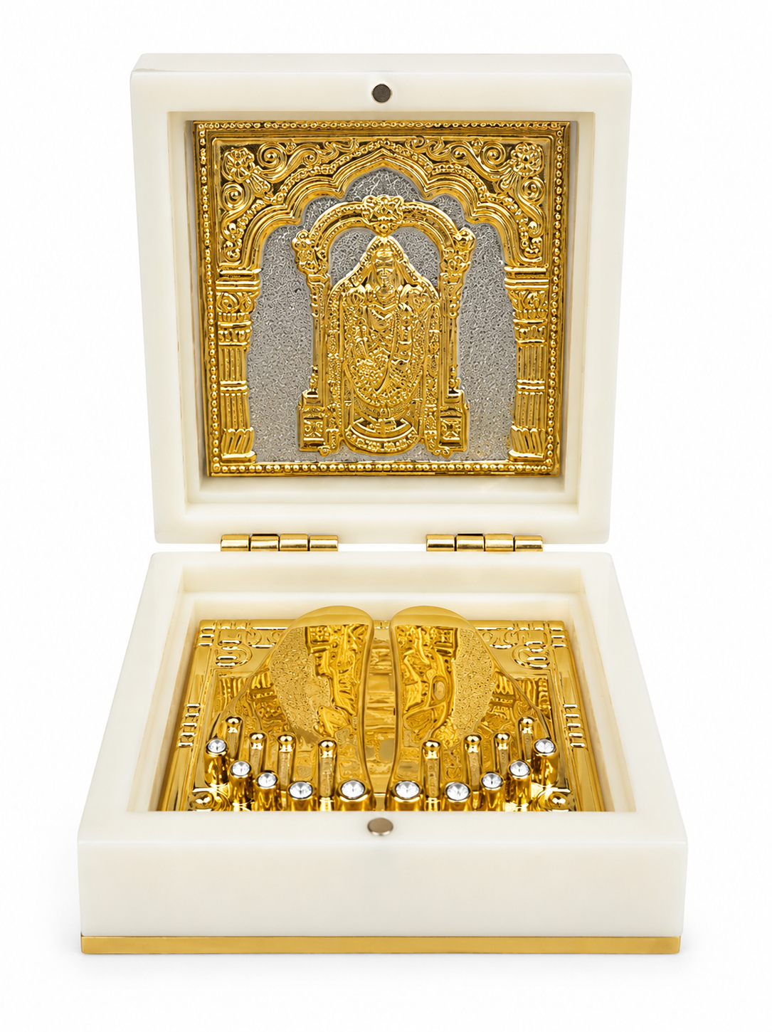 Sri Venkateshwara Charan Paduka | Gold Plated | Wood Finish Box | Tirupati Balaji | Home Temple Vastu & Gift