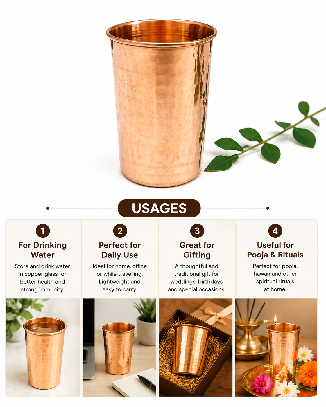 Tamba Copper Glass | Single | Plain | 250 ML | 5.5x8.5 CM | Pooja Worship & Daily Drinkware