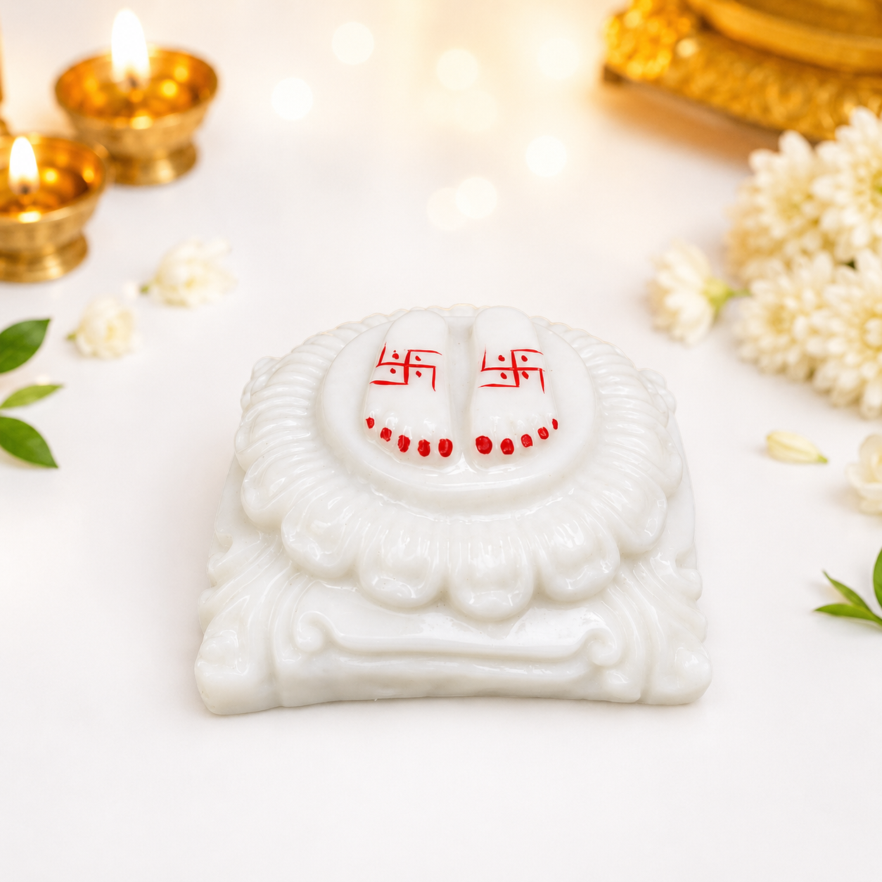 Sai Baba Sacred Charan Paduka with Red Auspicious Symbols | White Devotional Idol for Home Mandir & Pooja