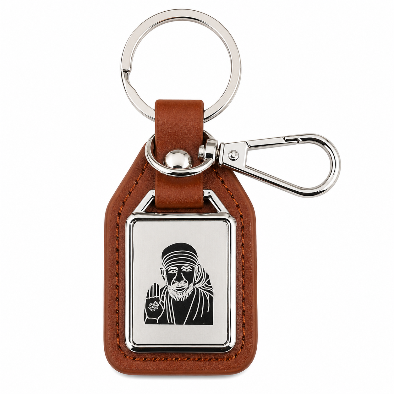 Sai Baba Blessings Brown Leather Keychain | Devotional Protection Gift