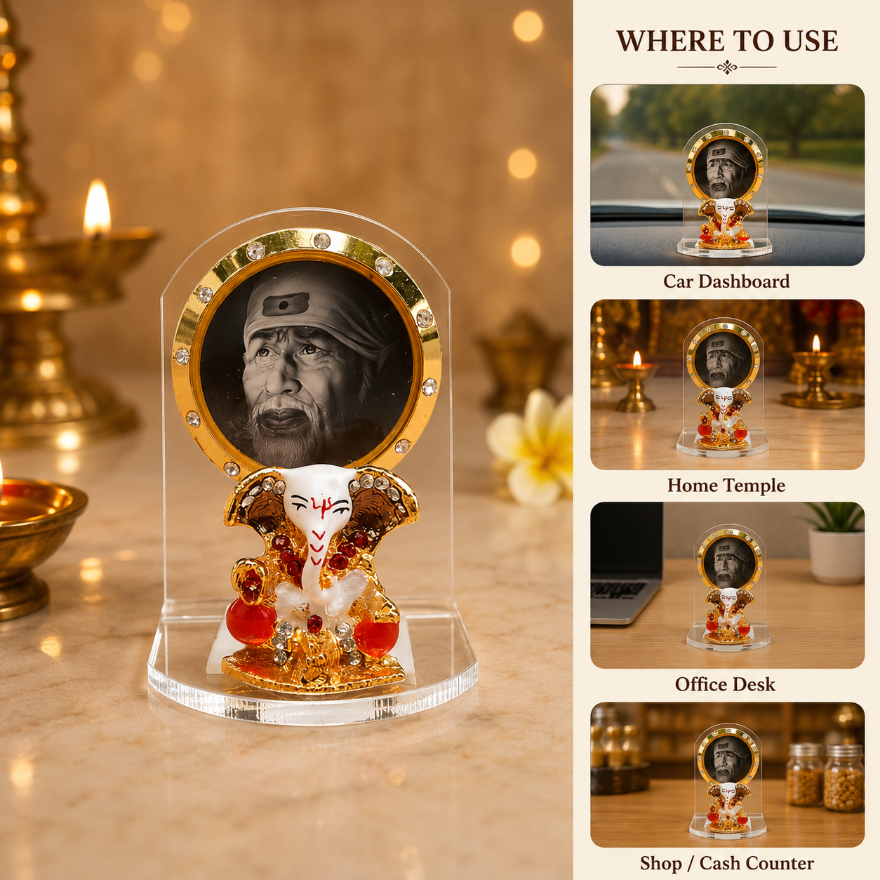 Shirdi Sai Baba Car Dashboard Idol Statue with Ganesh | Decorative Stand for Car, Home & Gifting