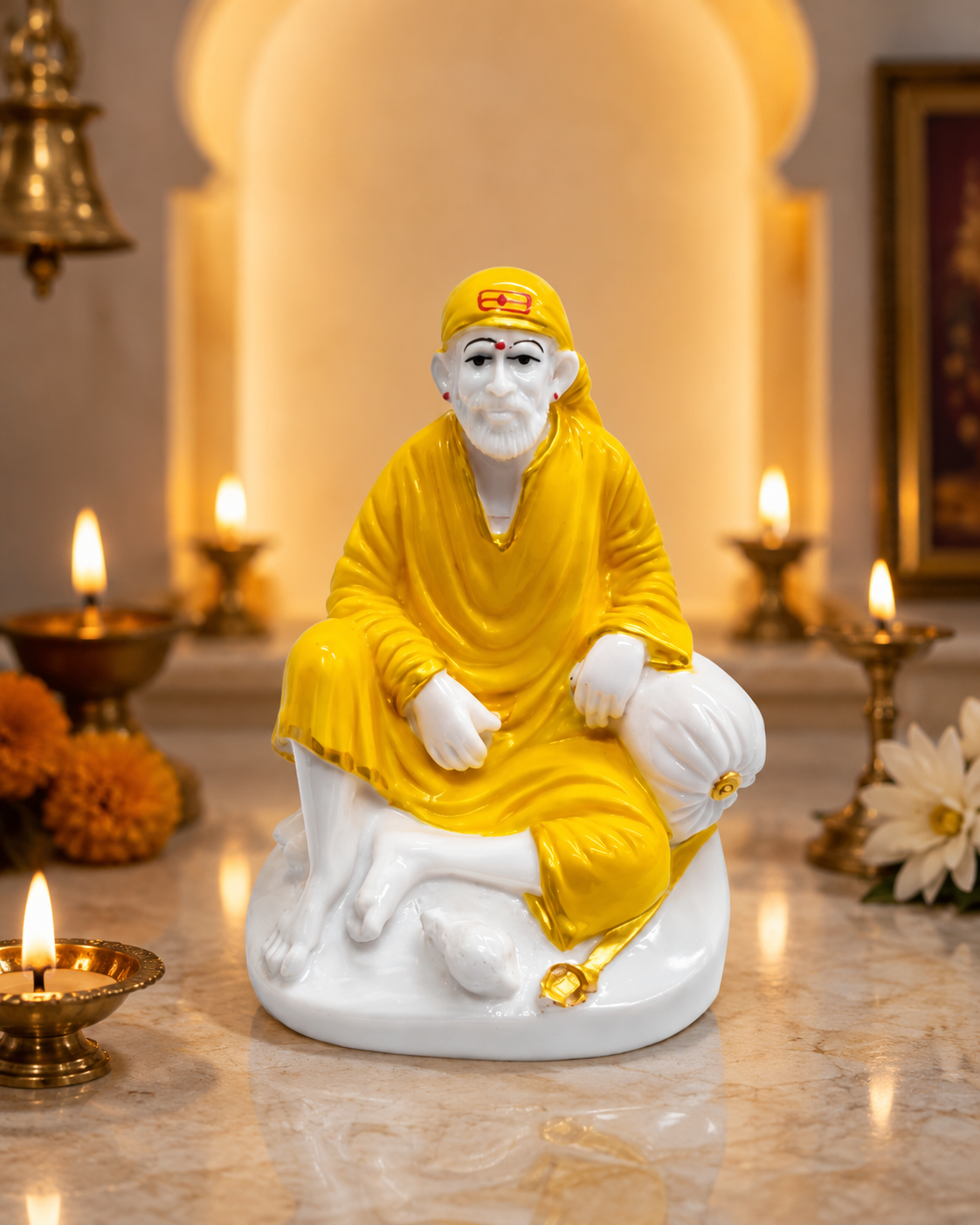 Divine Sai Baba Idol 3 Inch – Premium Yellow & White Marble Finish Murti for Home Mandir, Pooja Room, Spiritual Décor & Gifting