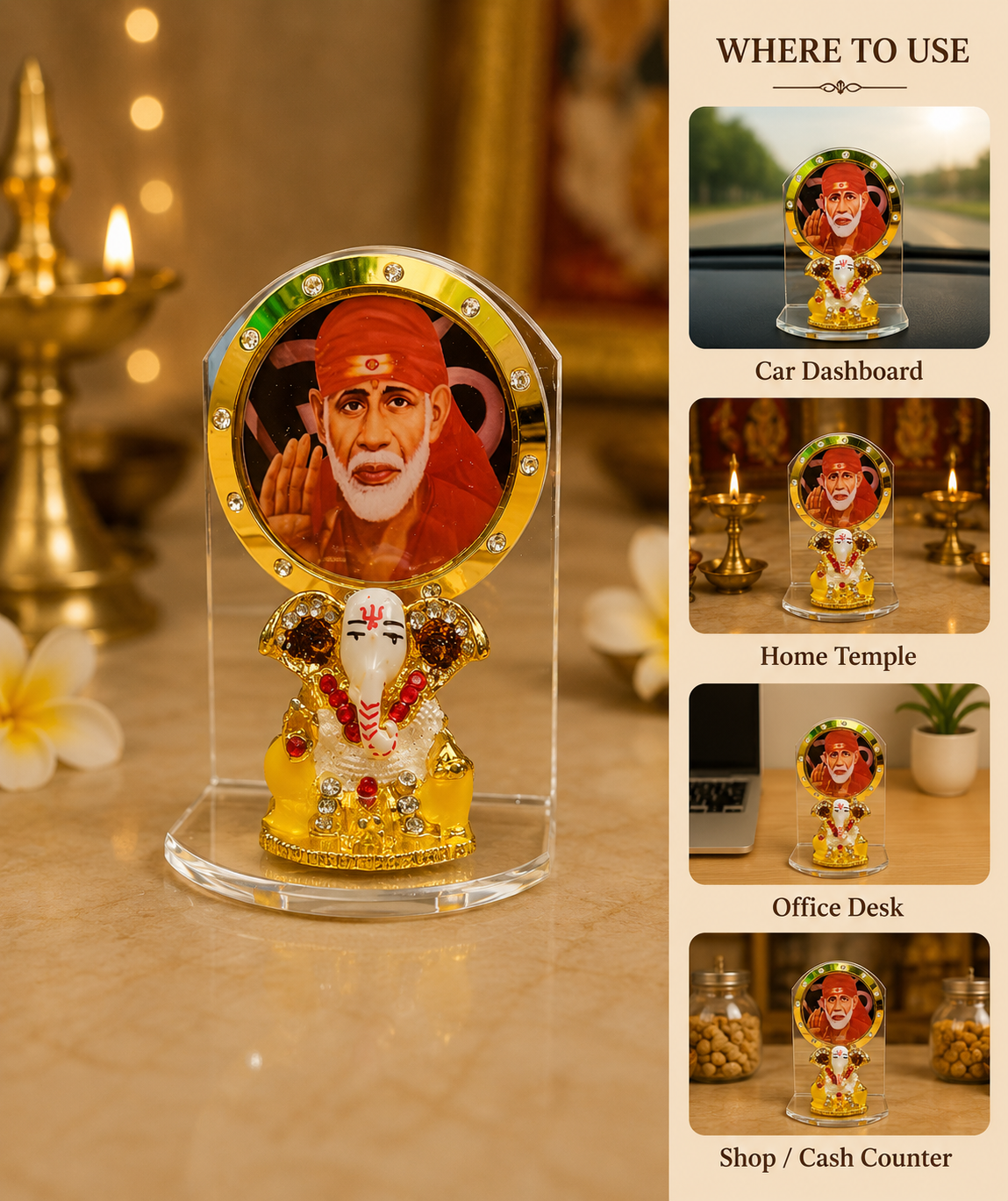 Shirdi Sai Baba & Lord Ganesha Car Dashboard Idol | Acrylic Spiritual Stand for Home, Office & Gifting