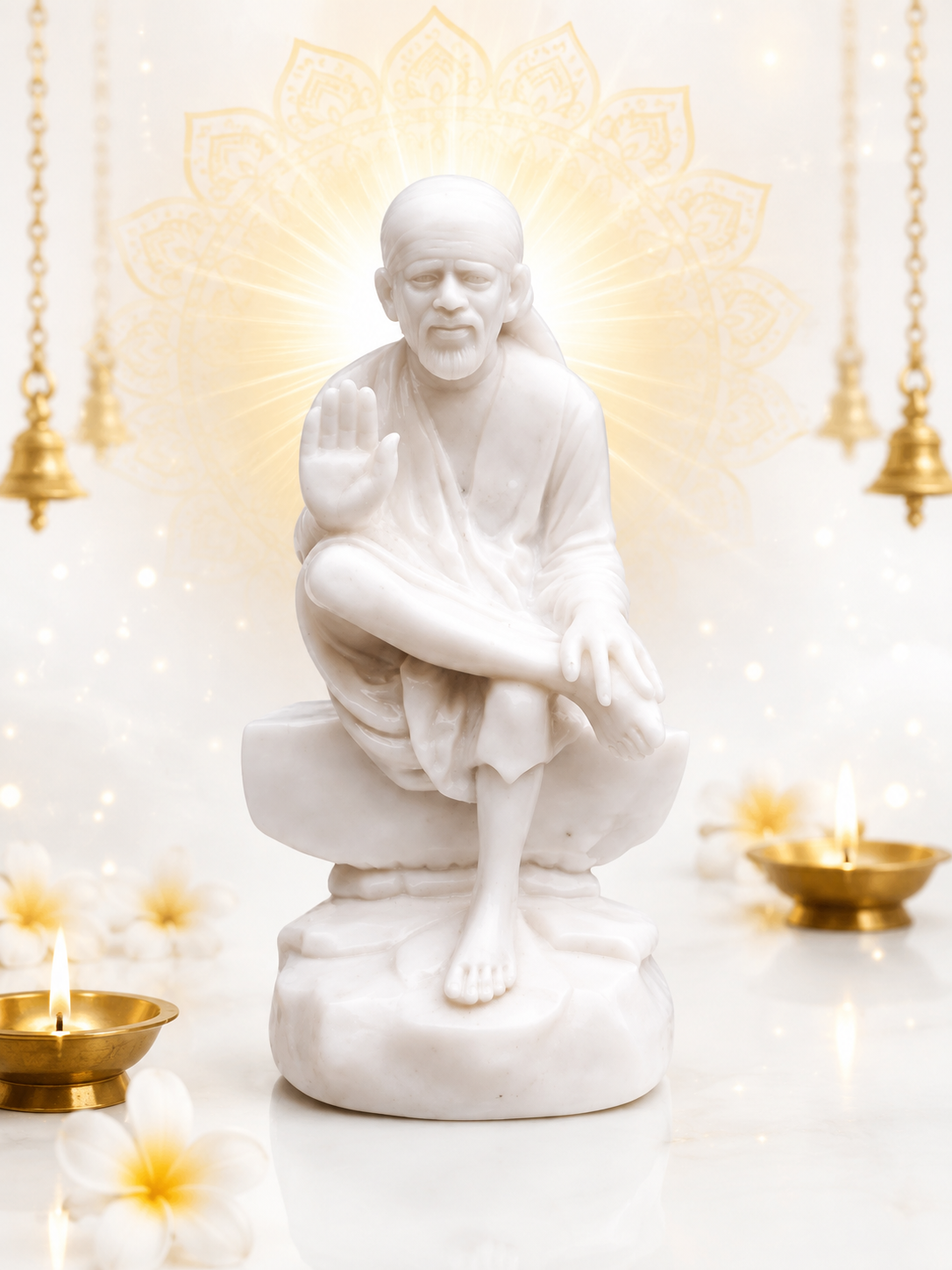 Italian Marble Ashirwad Hand Sai Baba Idol/Murti – 3.5 Inch | Decorative Statue for Home Mandir, Pooja & Office