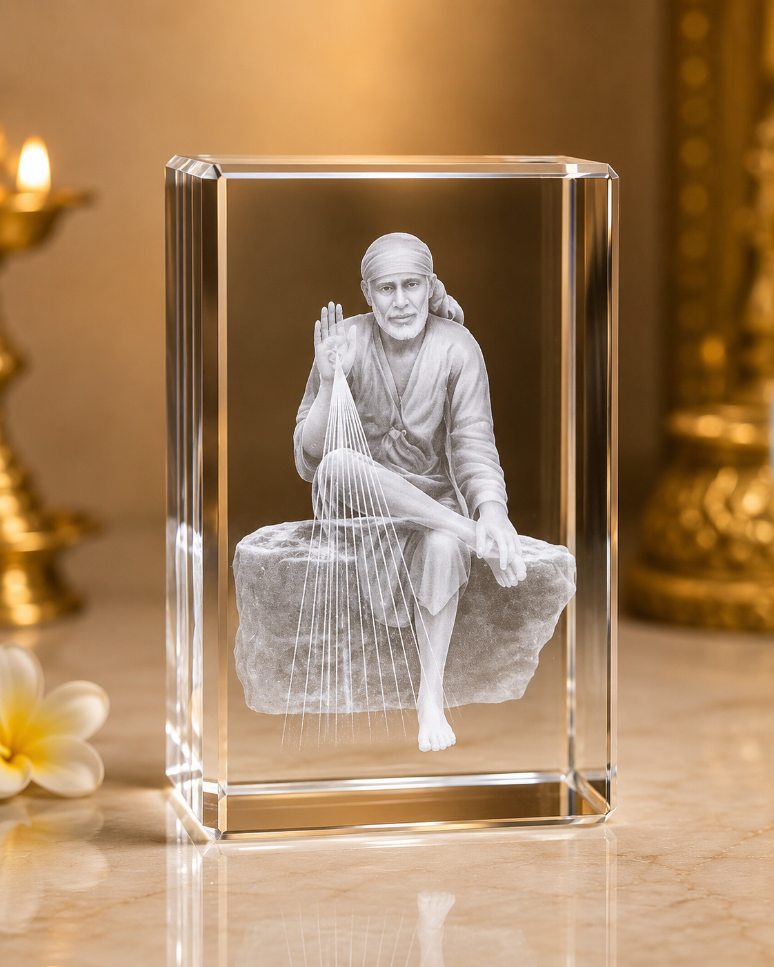 3D Crystal Sai Baba Glass Idol | Premium Devotional Glass Murti (7.5 x 5 x 5 cm)