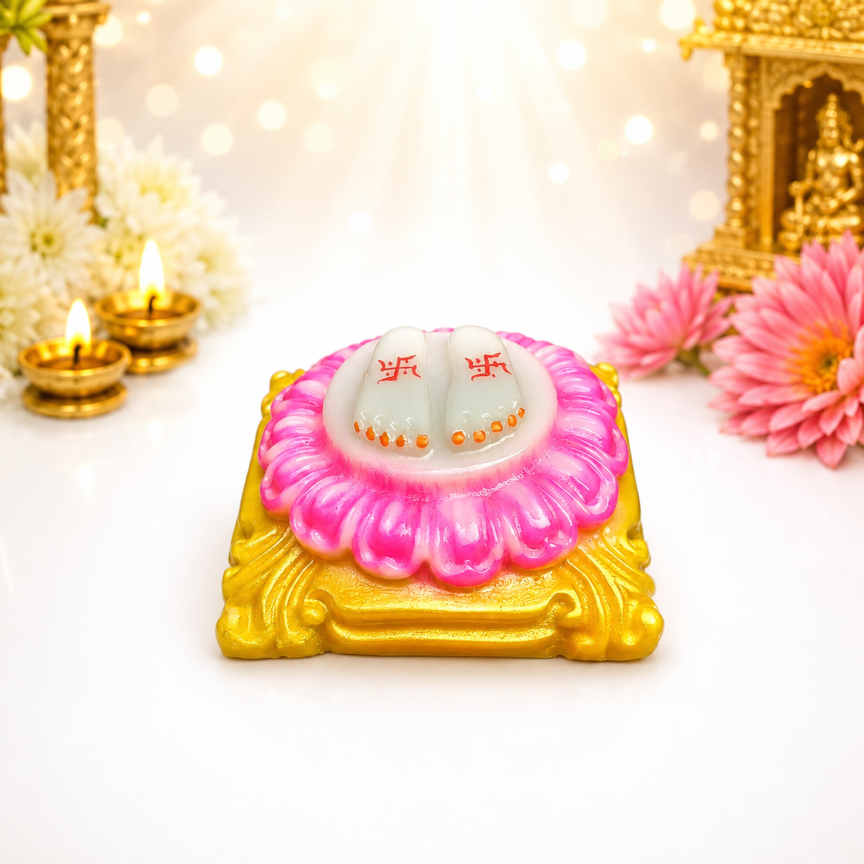Sacred Sai Baba Charan Paduka on Pink Lotus Base with Golden Chowki | Devotional Pooja Décor