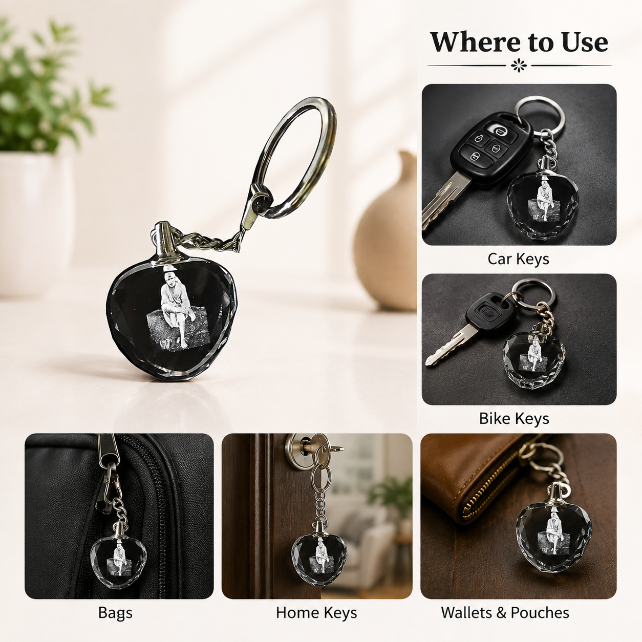 Shirdi Sai Baba Heart-Shaped Crystal Keychain | Devotional Key Ring for Car, Bike, Home Keys & Bags