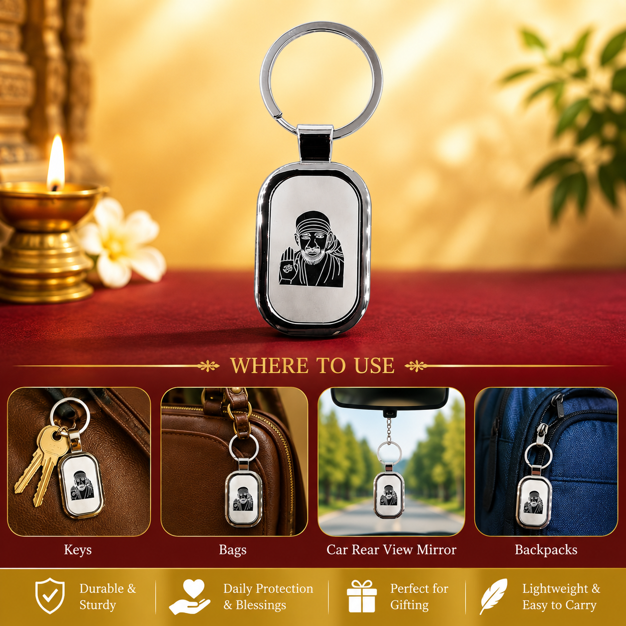 Shirdi Sai Baba Premium Metal Keychain for Bike, Car, Keys & Bags | Devotional Gift