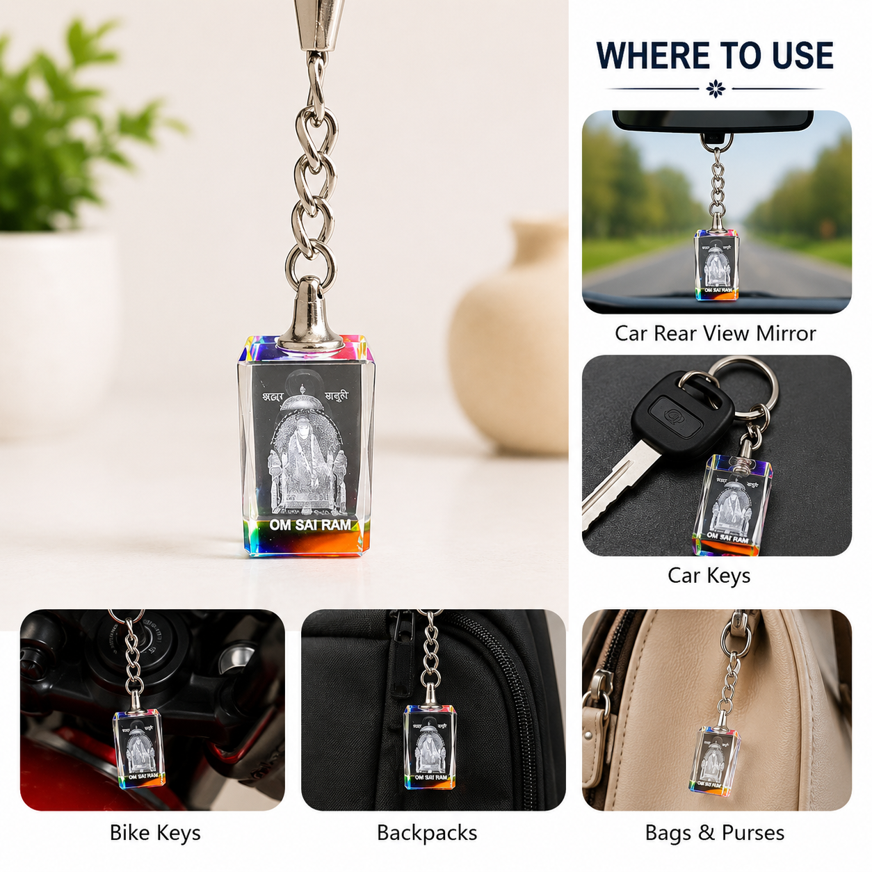 Shirdi Sai Baba Crystal Keychain | Om Sai Ram Devotional Key Ring for Car, Bike, Bags & Everyday Use