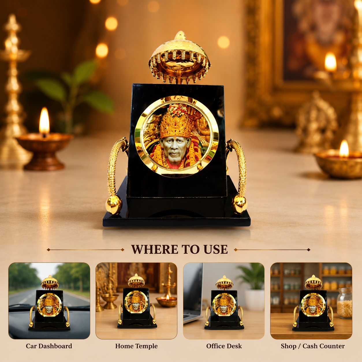 Shirdi Sai Baba Car Dashboard Stand with Golden Umbrella | Black & Gold Devotional Decor