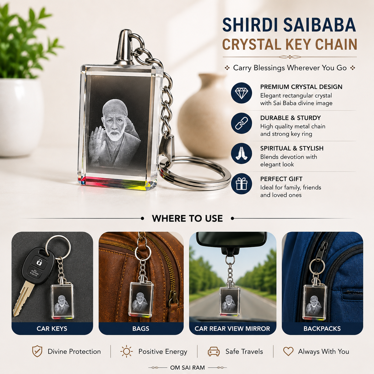 Shirdi Sai Baba Crystal Keychain | Devotional Key Ring for Car, Bike, Home Keys & Bags