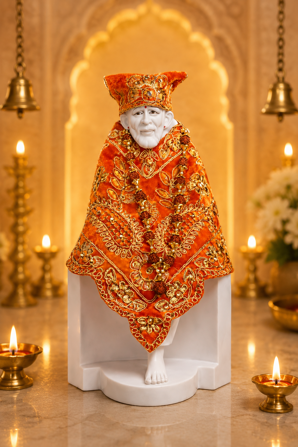 Sai Baba Idol – White Marble Finish Resin Murti with Premium Orange Embroidered Dress & Mala for Home Mandir