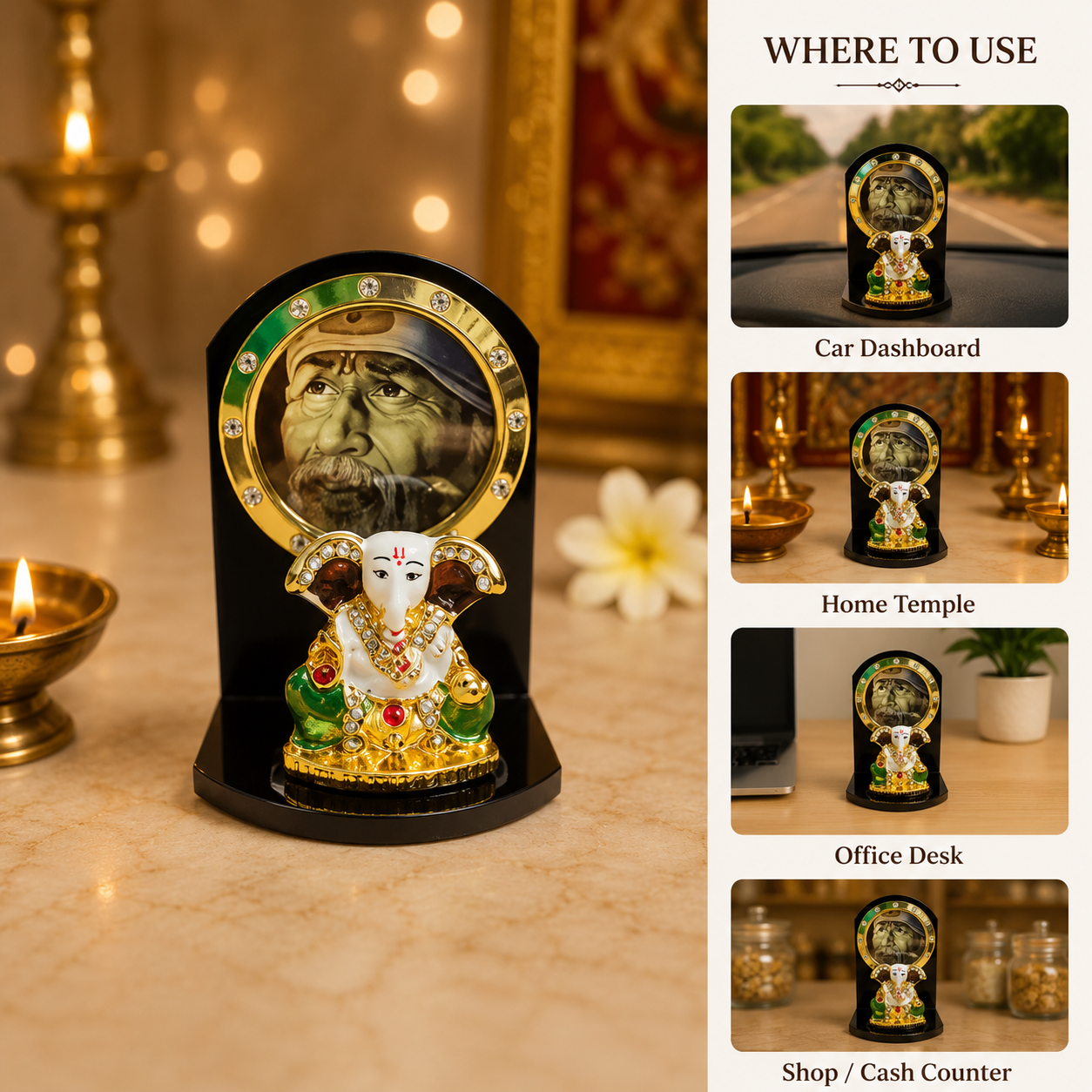 Shirdi Sai Baba & Lord Ganesha Car Dashboard Idol Statue | Spiritual Decor for Car, Home & Gifts