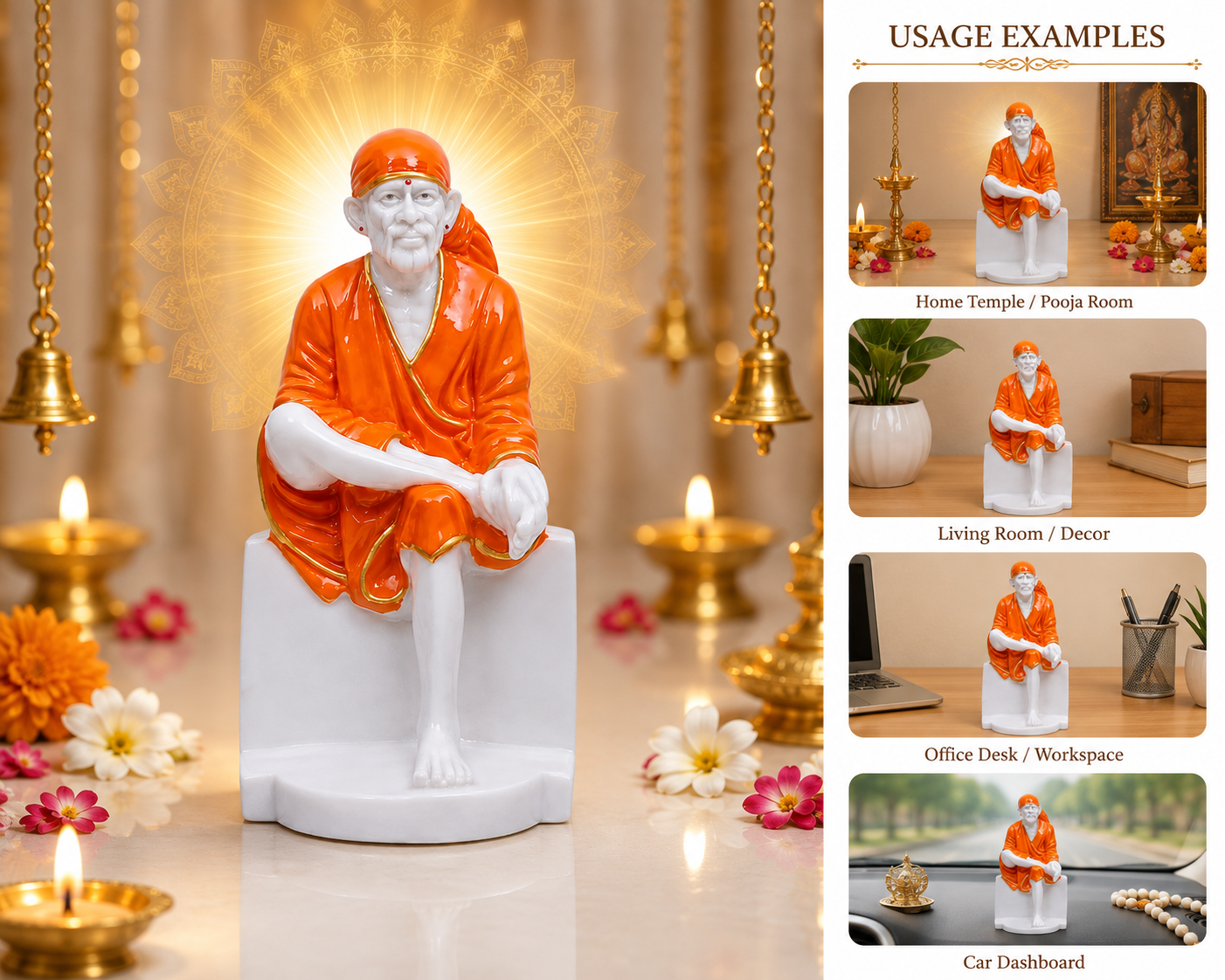 Sai Baba Idol 13 Inch Marble Finish Statue for Home Temple & Gifting – Orange Traditional Design
