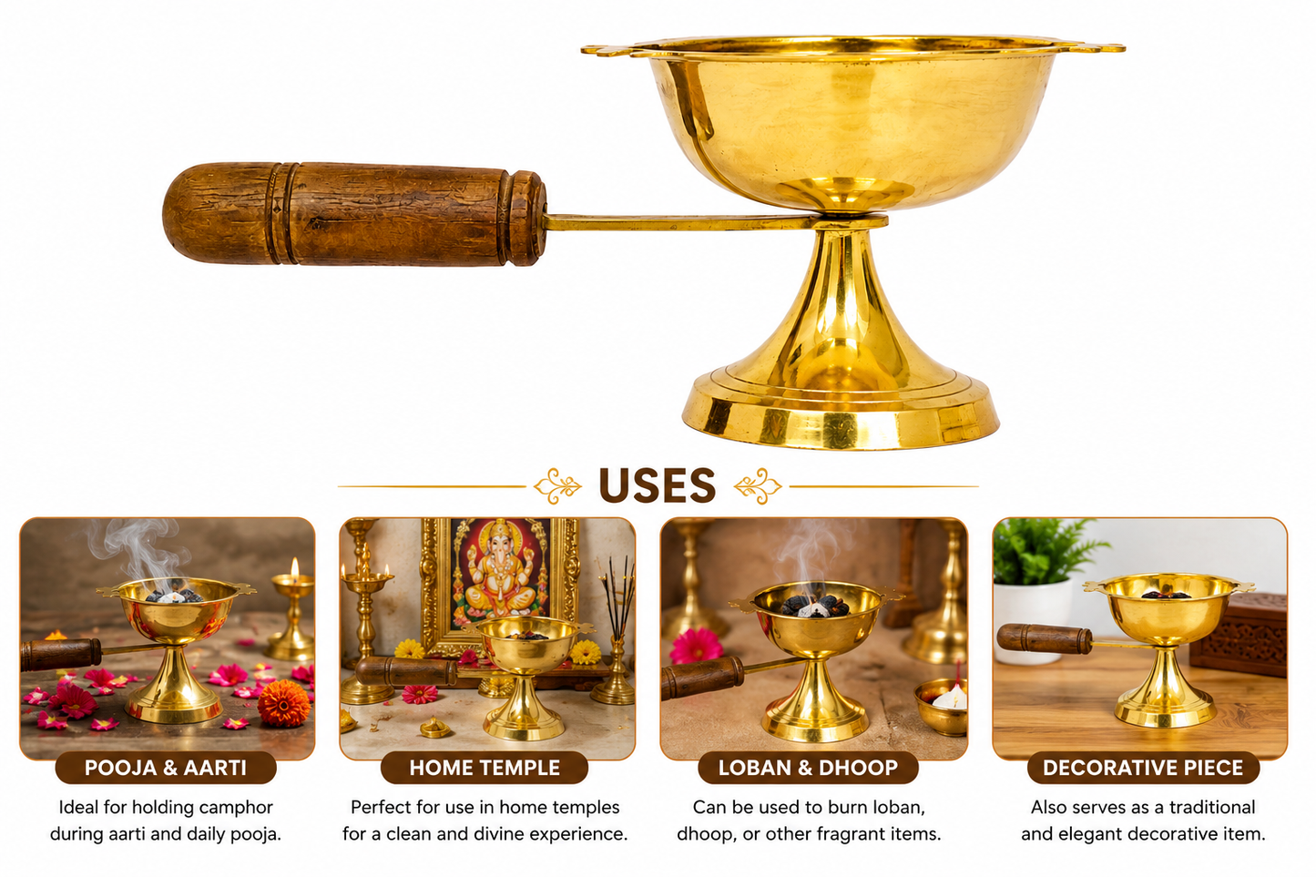 Dhoop Dani with Wooden Handle | 12x29 CM | 300 GM | Brass | Loban Bakhoor Incense Diffuser | Pooja