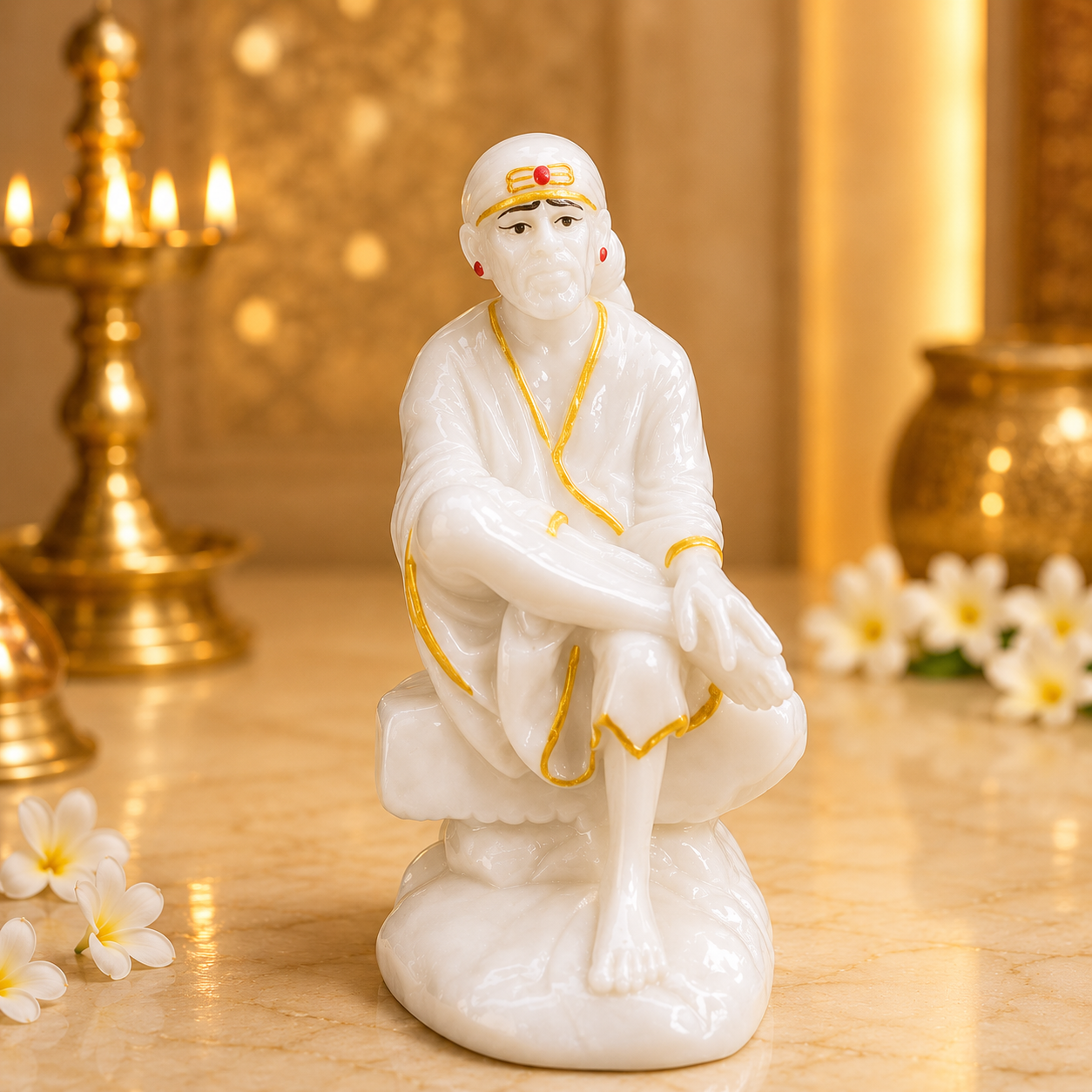 Shirdi Sai Baba Marble Idol Statue with Gold Lining | Premium Devotional Murti