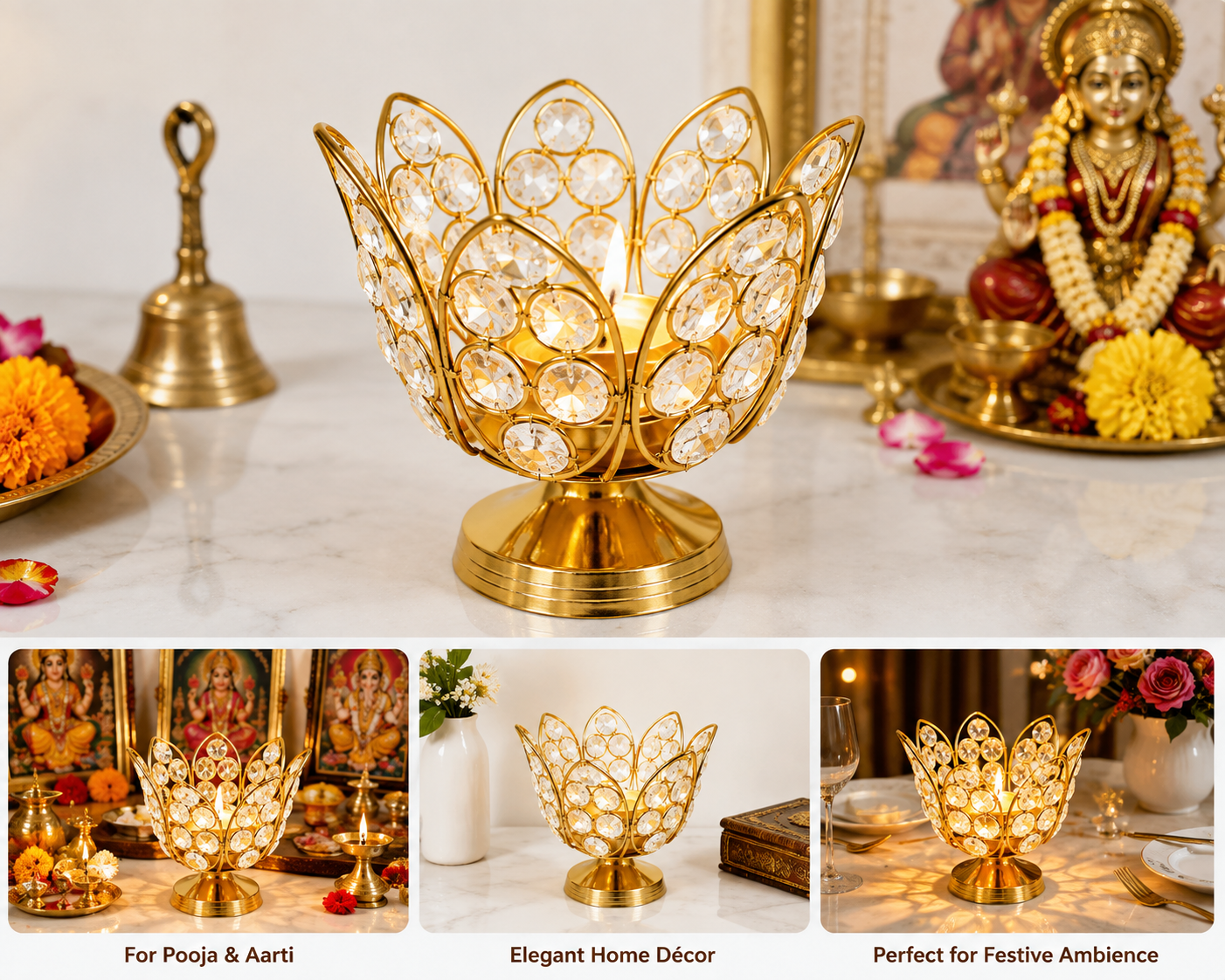 Crystal Lotus Diya | Brass | 4x4 Inch | Oil Lamp | Pooja Home Decor & Gifting