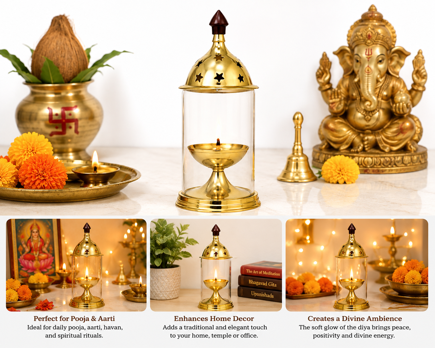 Crystal Oil Diya | Brass | Small | 100 GM | Handmade Sacred Lamp | Pooja & Gifting