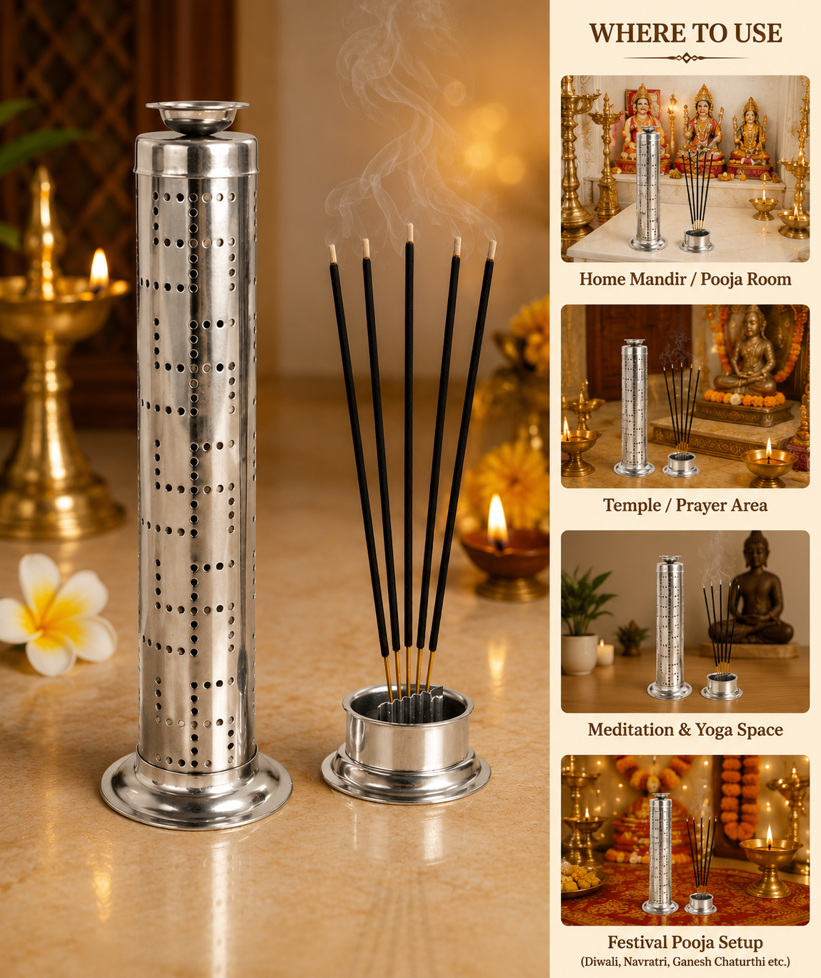 Stainless Steel Agarbatti Stand with Dhoop Holder | Multi-Stick Incense Holder for Pooja & Home Mandir
