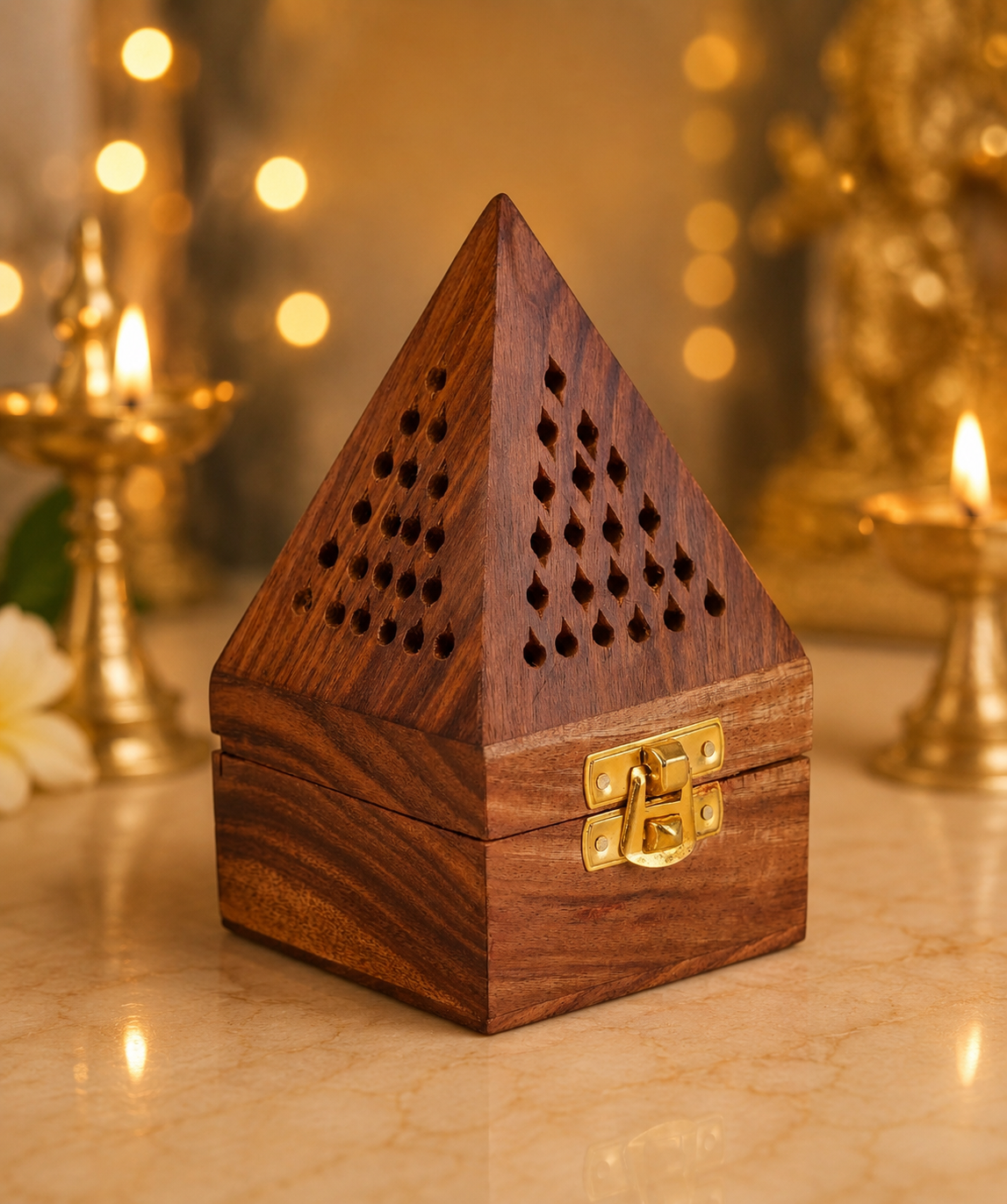 Wooden Dhoop Stand Box – Pyramid Incense Holder with Ash Catcher