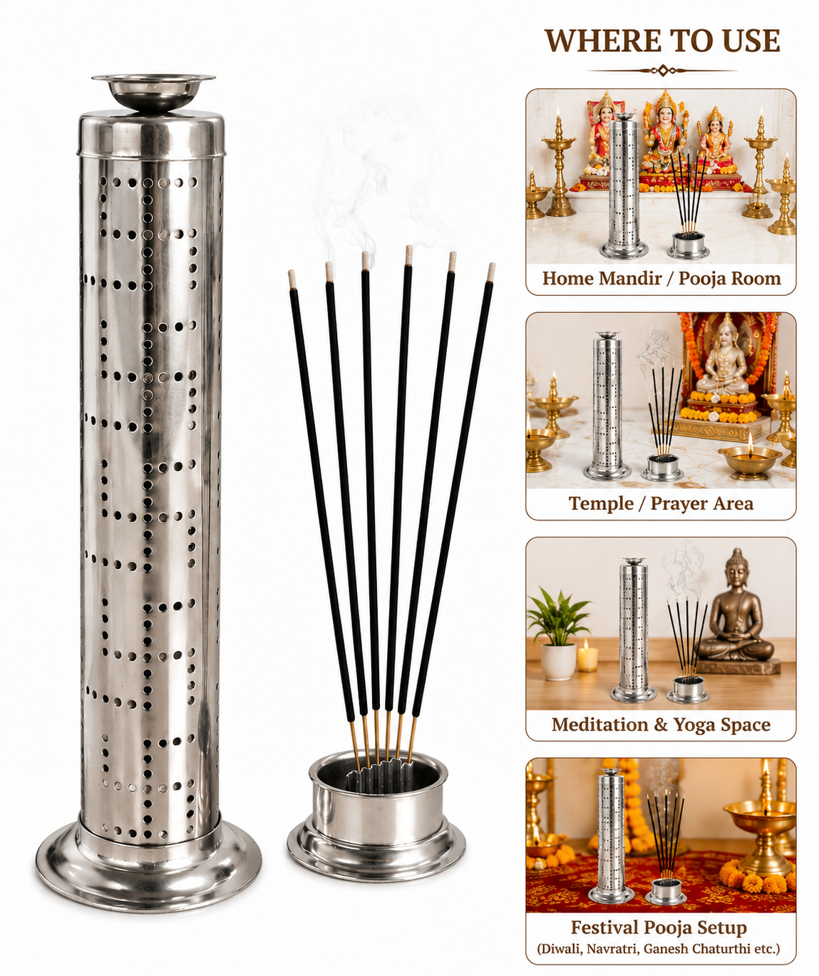 Stainless Steel Agarbatti Stand with Dhoop Holder | Multi-Stick Incense Holder for Pooja & Home Mandir