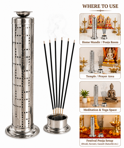 Stainless Steel Agarbatti Stand with Dhoop Holder | Multi-Stick Incense Holder for Pooja & Home Mandir