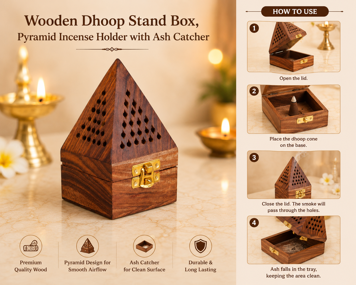 Wooden Dhoop Stand Box – Pyramid Incense Holder with Ash Catcher