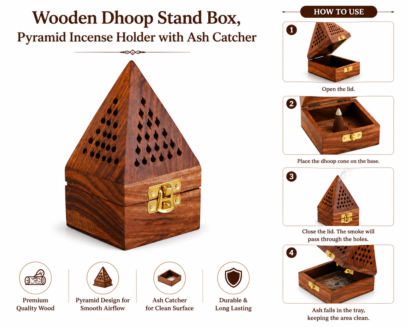 Wooden Dhoop Stand Box – Pyramid Incense Holder with Ash Catcher