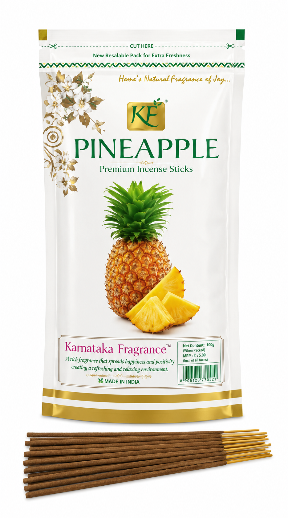 KF Pineapple Premium Incense Sticks | 125 GM | Long Lasting | Natural Air Freshener | Pooja & Meditation