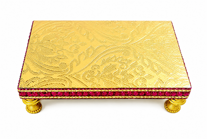Pooja Chaurang | Wood | Golden with Red Border | 7x4.5 Inch | Sacred Pooja Seat | Temple & Home