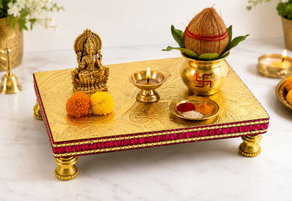 Pooja Chaurang | Wood | Golden with Red Border | 7x4.5 Inch | Sacred Pooja Seat | Temple & Home
