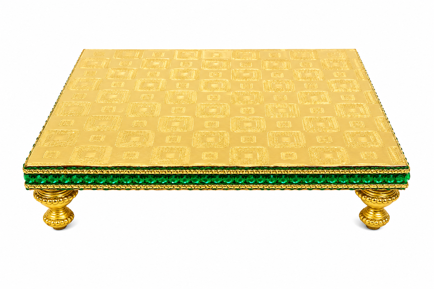 Pooja Chaurang | Wood with Golden Cover | Green Border | 6x6 Inch Square | Sacred Pooja Seat